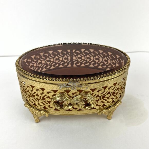 Ormolu Hollywood Regency Footed Oval Jewelry Trinket Box - Picture 1 of 8